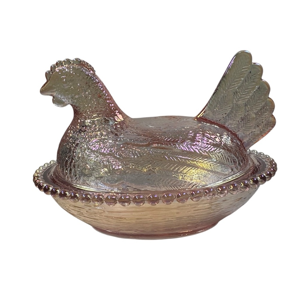Rose’s Closet Pink Carnival Glass Hen on Nest 3 1/2” tall New Chicken